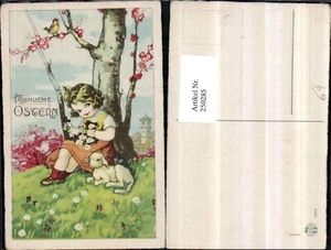 250285,Künstler AK Ostern Mädchen m. Kleid Blumen Lamm Schaf Wiese blühender Bau - Bild 1 von 1