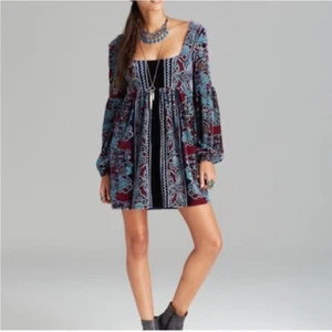 Free People Oh So Easy Babydoll Velvet Long Sleeve Dress Bohemian Floral Print - Picture 1 of 6