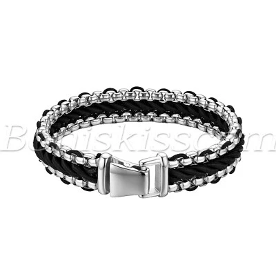 Brazalete brazalete brazalete de cadena de acero inoxidable trenzado de cuero genuino para hombre Foto 1 de 2