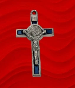 Silver Tone Cross Pendant Blue Enamel Christian Catholic Religious Pendant Vtg - Picture 1 of 2