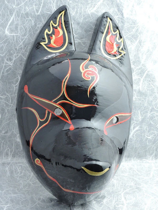 New Japanese fox mask motif " Hajimari (Begins) " Black & Red Hand made Antique - Image 1 of 4