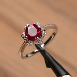 925 Sterling Silver Pink Ruby Ring Lab Created Round Gemstone Women Halo Ring - Picture 1 of 5