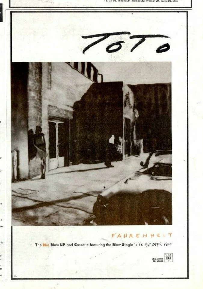 13/9/86PT11 Album Advert 10x7 Toto. Fahrenheit - Image 1 of 1
