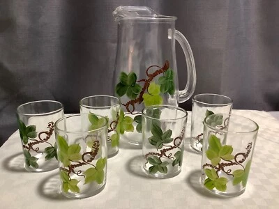 Jarro de suco de videira vintage pintado à mão lábio de gelo e 6 copos de suco conjunto de 4 oz - Imagem 1 de 4