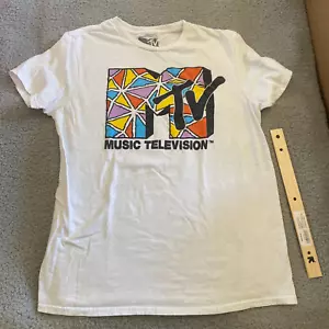 MTV Psychedelic Logo Short Sleeve T-Shirt White Men Size Medium Music Tee Top - Picture 1 of 8