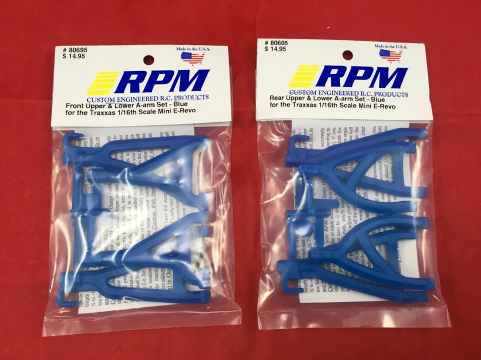 RPM TRAXXAS 1/16  E-REVO mini BLUE Front + Rear SUSPENSION A-ARMS  vxl XL2.5 - Image 1 of 1