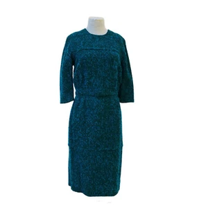 Aljean Blue Green Boucle 3/4 Sleeve Dress with Belt Vtg 1960s Made in Canada - Imagen 1 de 10