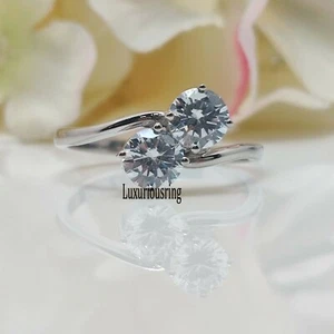 1.00Ct White Round Cut Moissanite Toi Et Moi Engagement Ring 925 Sterling Silver - Picture 1 of 10