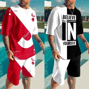 Men Summer Outfit 2-Piece Set Short Sleeve Sweatshirt T Shirts and Shorts Suits - Picture 1 of 19