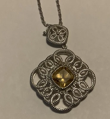 "Collar amarillo de cristal corte cojín y plata de ley 16"" L (1046)" Foto 1 de 3