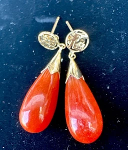 ¿Coral rojo precioso natural vintage 14k o jade? ¡¡Pendientes de gota!!! - Imagen 1 de 6