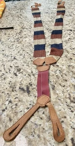Vintage dunkelblau, creme, braun gestreifte Strick Hosenträger, Lederschlaufenverschlüsse - Bild 1 von 9