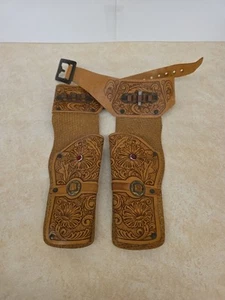 Vintage Tan Western Leather-ish Tooled Holsters Longhorn Buckle Kid Toy Ruby Gem - Picture 1 of 4