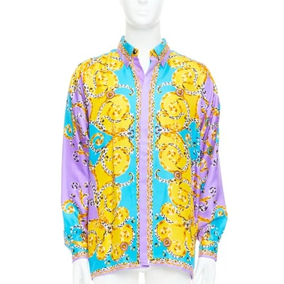 GIANNI VERSACE 1995 Vitnage 100% шелк фиолетовый желтый леопард барокко рубашка IT48 M - Изображение 1 из 4