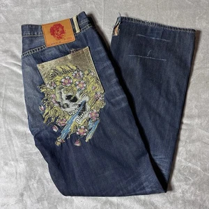 Jeans Ed Hardy Cabeza Calavera Azul Denim Botón Mosca Estrás Para Hombres 38x34 - Imagen 1 de 10
