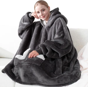 Wearable Blanket Hoodie, Oversized Sherpa Fleece Sweatshirt Blanket with Giant H - Picture 1 of 12