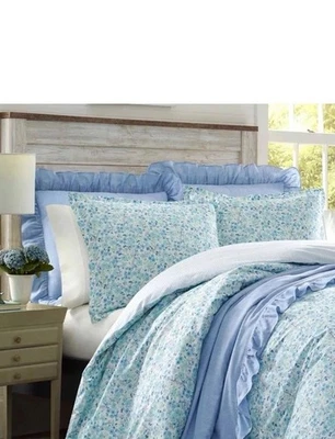 Twin Jaynie Stonewashed Reversible Duvet Cover & Sham Set Blue - Laura Ashley - Image 1 of 4