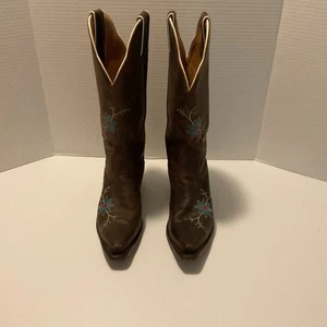 Stivali da cowgirl donna Boulet in pelle marrone con ricamo floreale turchese taglia 6,5 - Foto 1 di 13