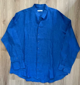 Mogador Anacapri Men Shirt XXXL Blue Linen Long Sleeve Italy 3XL Mandran Collar - Picture 1 of 11