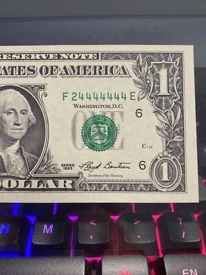 1993 $1 DOLLAR  ALMOST SOILD NOTE ~GEM BINARY NUMBER 24444444 99.51% SUPER RARE！ - Image 1 of 4