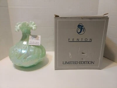 Fenton Glass Historic Collection Sea Green Swan Vase Iridescent Ruffled Crest CG - Image 1 of 4