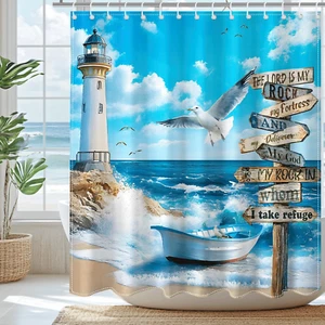 Beach Shower Curtain for Bathroom, Coastal Tropical Shower Curtain with 12 Hooks - Picture 1 of 12