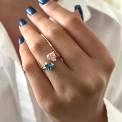 Anillo de diamantes cultivados en laboratorio rosa azul vivo corte corazón 2,00 quilates certificado IGI oro 14kt Foto 1 de 4