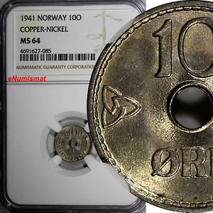 Norway Haakon VII Copper-Nickel 1941 10 Ore NGC MS64 WWII Issue KM# 383 (085) - Picture 1 of 4