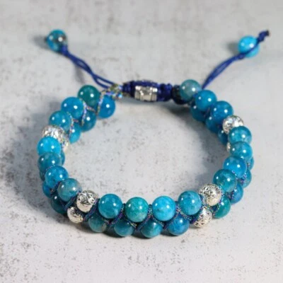 Natural Blue Apatite Stone Beaded Bracelet Blue Gemstone Bracelet Adjustable - Image 1 of 4