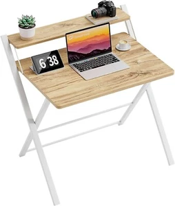 GreenForest Folding Desk 2-Tier Foldable Small Spaces Desk Home Office Table-Oak - Picture 1 of 9