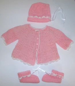 Vintage Pink Newborn Crocheted Baby (or Doll) Sweater, Hat, Booties Set (0-3 M) - Picture 1 of 6