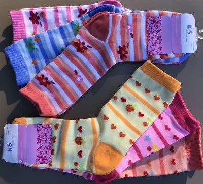 6 Pr. Women’s 9-11 KS Soft Cotton Blend Socks Multi-Color Stripes-Hearts-Flowers - Image 1 of 4