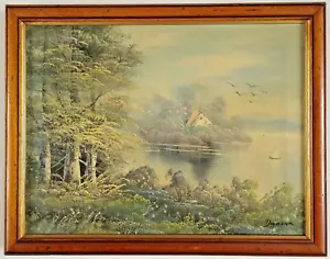 Vintage Original Oil on Canvas Framed Landscape Lake Scene 1960s Signed Duncan - Picture 1 of 9
