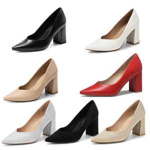 Women Pump Shoes Chunky High Block Heel Pointed Toe Wedding Party Slip On Dress - Picture 1 of 23
