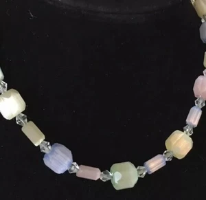 Vintage Atlas Czech Pastel Cut Satin Art Glass Faceted Necklace W 14K Clap - Picture 1 of 17