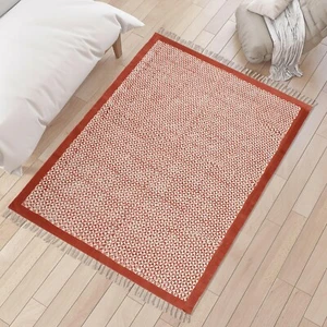 Red Hand Woven Block Print Cotton Area Rug Modern Kilim Mat Boho Bordered Dhuris - Picture 1 of 14