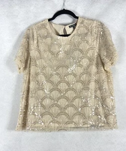Adrianna Papell Top Women’s Medium Beige Short Sleeves Sequins Embellished NWT - Picture 1 of 11