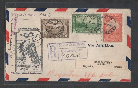 Canada Registered FFC First Flight Cover - Moosejaw to Keysville VA Cover