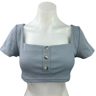NEW Sabo Skirt Blue Ribbed Square Neck Short Sleeve Stretch Knit Crop Top Size S Foto 1 de 4