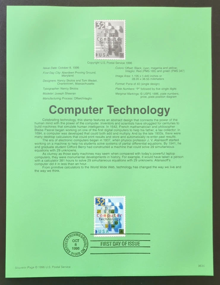 32c Computer Technology 1996 SOUVENIR PAGE SCOTT # 3106 SP1220 - Image 1 of 1