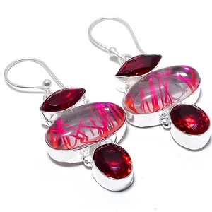 Pink Rutile Quartz, Garnet Gemstone 925 Sterling Silver Jewelry Earring 2.1" - Picture 1 of 5