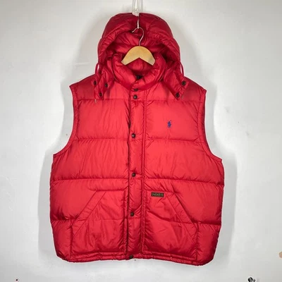 Polo Ralph Lauren Puffer Gilet Mens XXL Red Down Fill Vest Vintage Hooded 2XL - Image 1 of 4