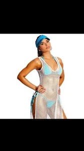 Swim Coverup Dress Crochet Side Slits Tank Mid Length Sheer White 11025 L/LX - Picture 1 of 5