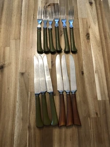 Vintage Green Butterscotch Stainless Lot Of 12 Bakelite Flatware Old Knife Fork - Picture 1 of 8