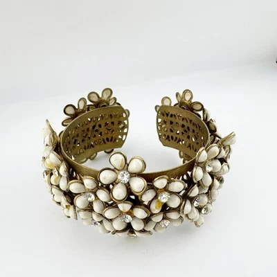 Brazalete Brazalete Vintage Floral Esmalte Blanco Flores Tono Dorado Foto 1 de 4
