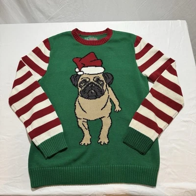 Suéter Feo Navidad “Pug Dog” Verde con Mangas a Rayas Rojas y Blancas Talla Mediana Foto 1 de 4