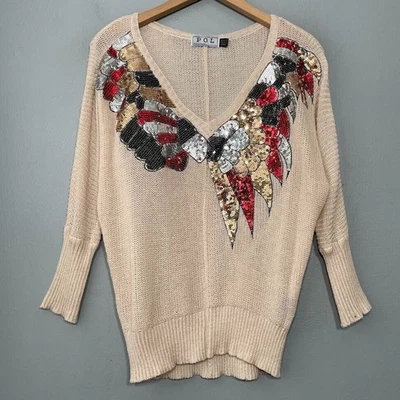 Suéter Vintage POL Ligero Talla L Beige Adornado Lentejuelas Glam Grunge Gótico Foto 1 de 4