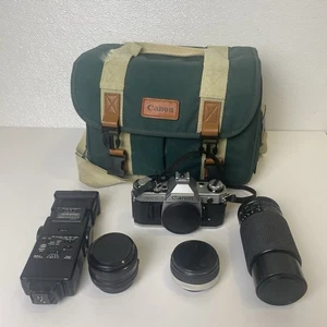 Canon AE-1 analoge Kleinbildkamera Kit 50 mm 70–210 mm Objektive Blitz & Tasche ungetestet - Bild 1 von 21