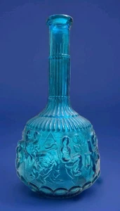 Empoli Italy Vintage MCM Zodiac Signs Blue Glass Bottle Decanter, 5x10” - Picture 1 of 7