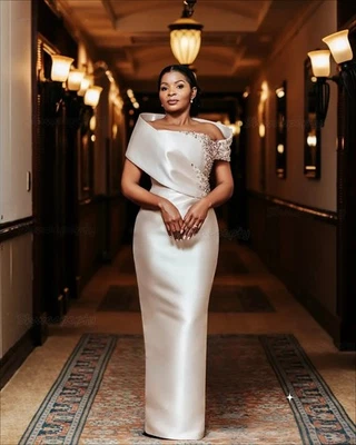 Elegant Sheath Mother of Bride Dresses Crystal Beaded Satin Off Shoulder Gowns - Image 1 of 4